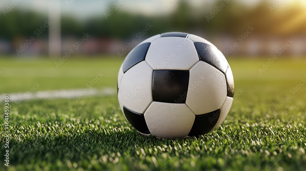 Fototapeta premium Soccer ball resting on lush green field at sunset