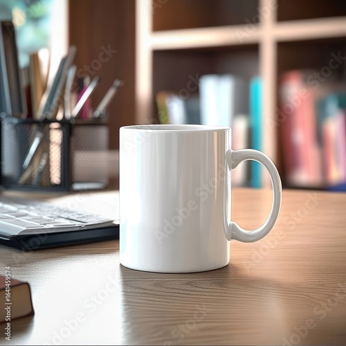 Bright and Modern Home Office Workspace Featuring a White Ceramic Coffee Mug on a Desk
