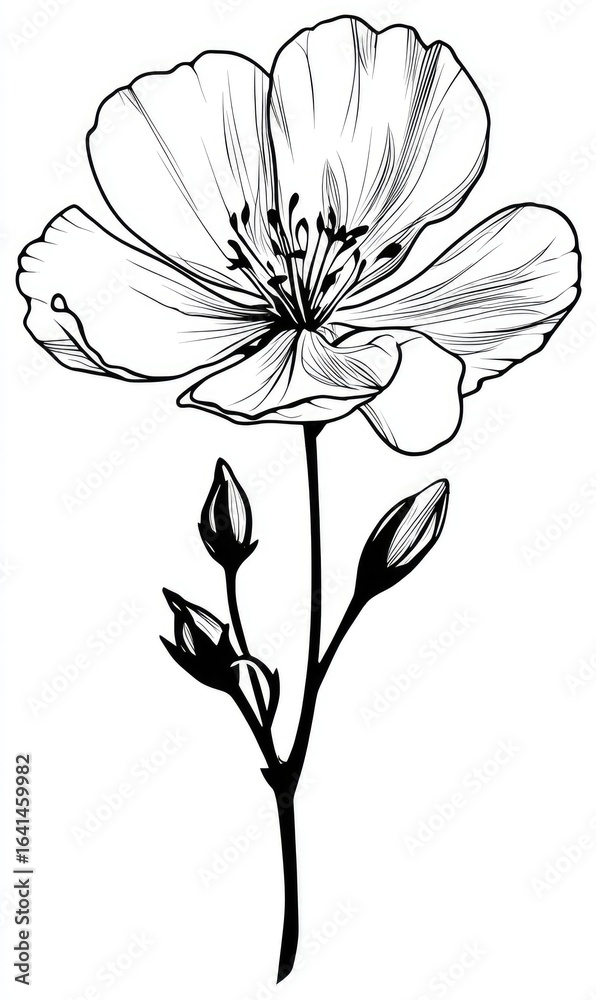 Obraz premium Detailed black and white line drawing of a single flower with buds