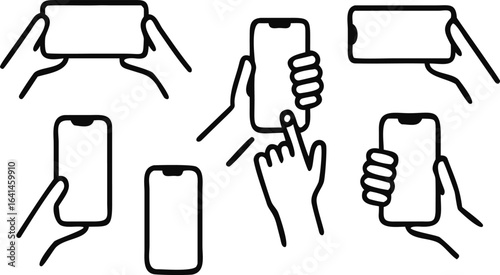 Bundle set of outline illustrations various hand positions holding a mobile phone for gaming, taking pictures, one and two-handed use
