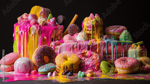 Surreal still life of artificially perfect food melting into darkness, symbolizing modern dietary contradictions.