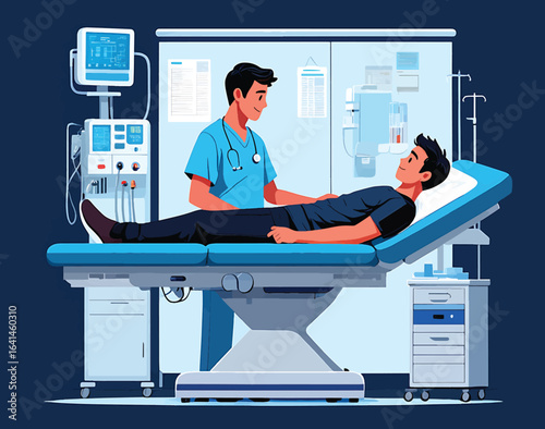 Doctor providing care to a patient on an examination table in a hospital. Professional medical checkup and healthcare vector illustration.