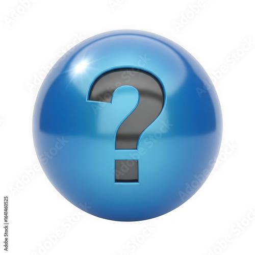 Shiny blue sphere with a dark question mark symbol embossed on its surface isolated on transparent background