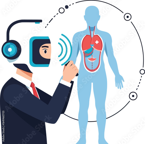 Medical scan with futuristic helmet, scanning human internal organs