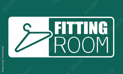 White isolated in green background fitting room, dressing room vector sign, fashion store symbol, flat shirt cloth hanger vector icon, closet fitting room icon
