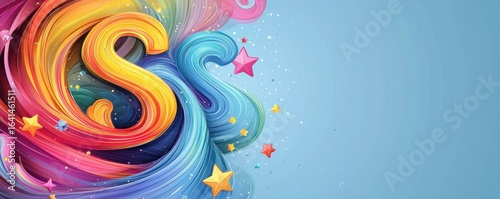Vibrant Abstract Design with Colorful Swirls and Decorative Stars on Blue Background