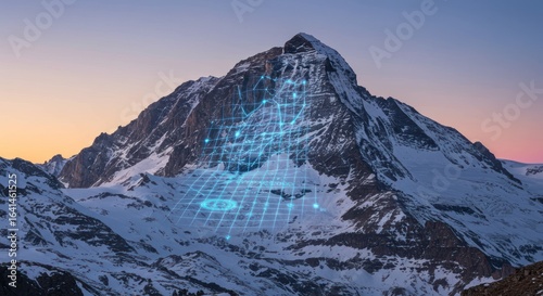 Snow Covered Mountain Peak with Digital Grid Overlay at Sunset