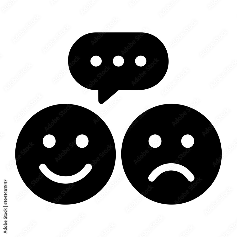 Fototapeta premium Silhouette vector two face emotions with speech bubble above them showing happy and sad faces