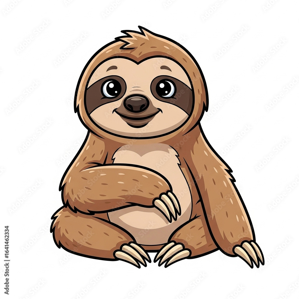 Obraz premium Friendly cartoon sloth with brown fur and big eyes, smiling while sitting with relaxed posture.