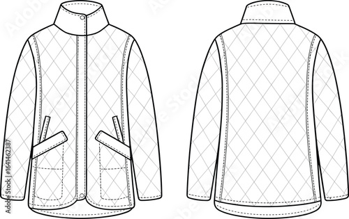 Cad drawing flat vector illustration, quilted jacket front back view, technical fashion sketch, diamond stitch coat template, apparel design