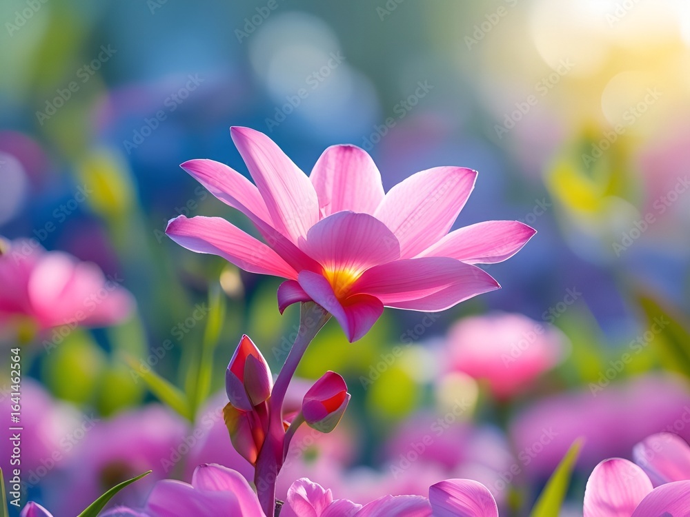 Fototapeta premium Close up of a delicate pink water lily flower blooming in soft sunlight with a blurred background