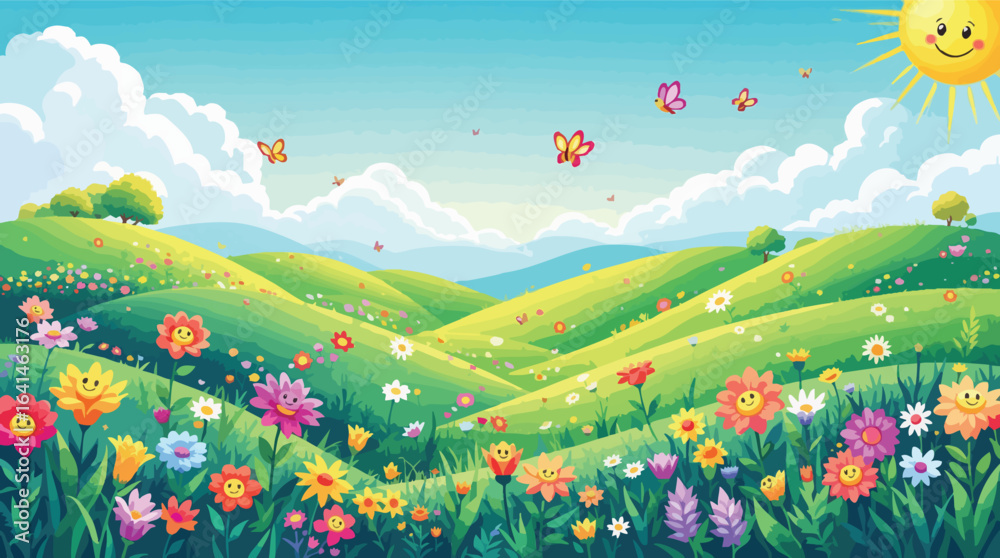 Fototapeta premium Cheerful Sunny Meadow with Smiling Flowers and Butterflies vector illustration.