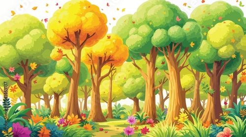 Autumn forest path lined with colorful trees and blooming flowers fall.