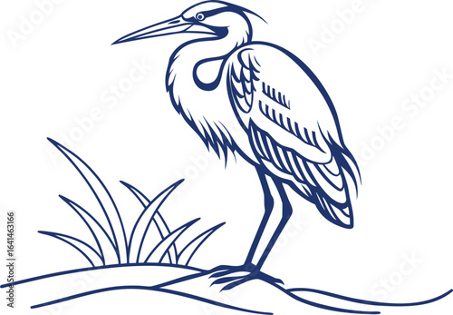 A graceful heron wades among reeds, poised to snatch a fish in the marsh