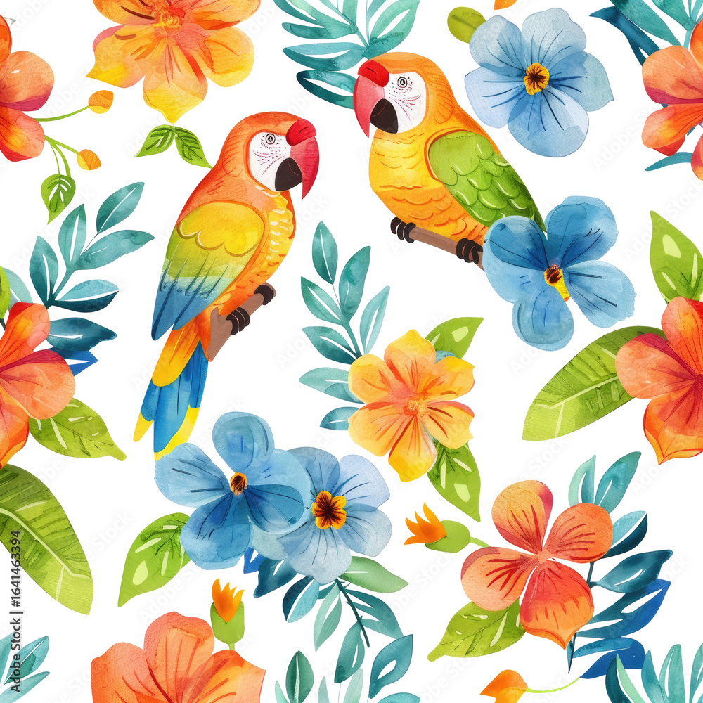 Tropical parrots and hibiscus flowers pattern, fabric design Tropical parrots and hibiscus flowers pattern, fabric design