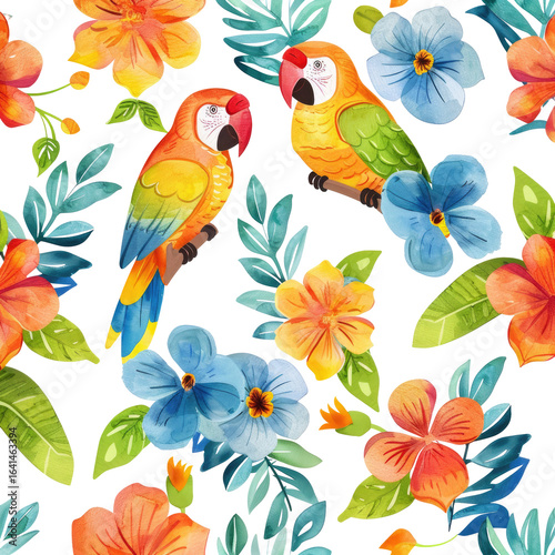 Tropical parrots and hibiscus flowers pattern, fabric design