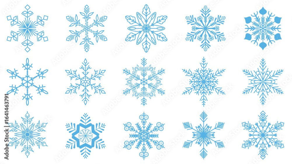 Christmas snowflake set of isolated elements. Collection of winter decorative blue frozen crystals with different geometric shapes, line fragile frost ornament silhouettes. Vector illustration. Christmas snowflake set of isolated elements. Collection of winter decorative blue frozen crystals with different geometric shapes, line fragile frost ornament silhouettes. Vector illustration.