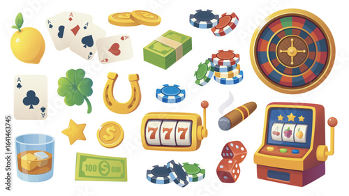 Casino gambling set of isolated elements. Collection of lemon fruit, playing card, aces, coins, money cash, chips, fortune wheel, lucky clover and horseshoe, slot machines, more. Vector illustration.
