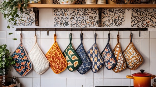 A charming kitchen display features colorful pot holders hanging neatly, showcasing various patterns against a tiled backdrop.