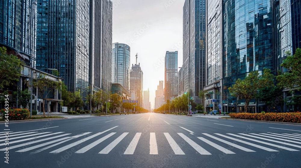 Obraz premium Urban Landscape with Empty Street in Business District at Sunrise