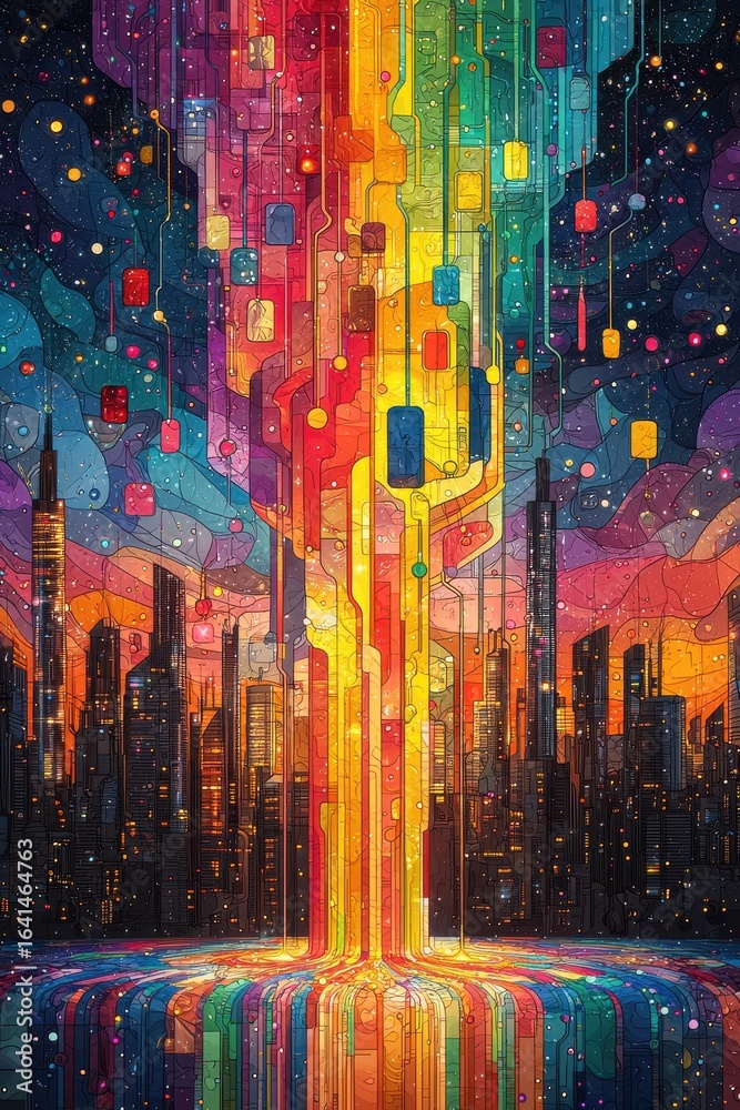 Obraz premium Futuristic cityscape framed by vibrant and colorful abstract patterns and shapes