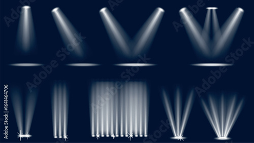 Light effects set of isolated elements. Collection of transparent white spotlights and backlights, stage floodlights with glow beams, floor lightning with highlight directions. Vector illustration.