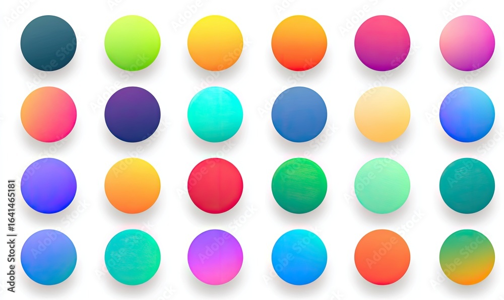 A grid of 20 circular buttons with vibrant, gradient fills. Each button has a subtle shadow A grid of 20 circular buttons with vibrant, gradient fills. Each button has a subtle shadow
