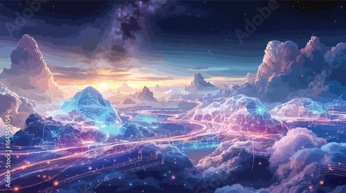 Futuristic glowing crystalline mountains under a starry nebula sky landscape stars.