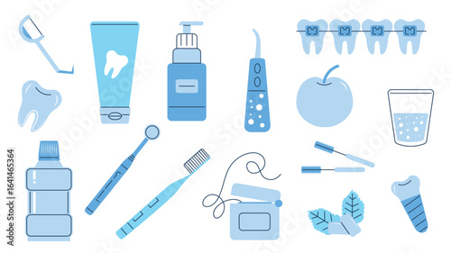 Teeth care tools set of isolated elements. Collection of floss, toothpaste, irrigator, tooth braces, water glass, brushes, electric toothbrush, mint chewing gum, more equipment. Vector illustration.