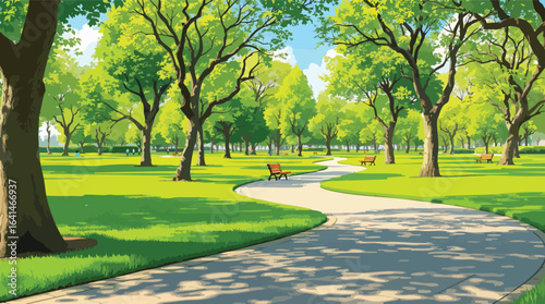 Serene Park Pathway Lined with Lush Green Trees and Benches on a Sunny Day walking path green grass.