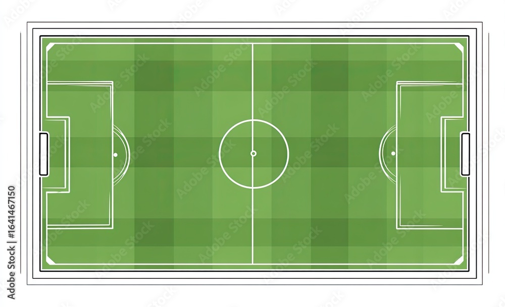 Obraz premium Top-down view of a soccer field. Green playing surface, marked with white lines for goals, penalty areas, and center circle. Simple graphic representation