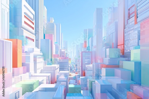 A vibrant, stylized cityscape with pastel-colored, geometric buildings stretching into a bright blue sky
