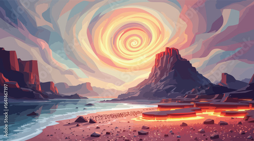 Surreal Landscape With Volcanic Rock Formations And Swirling Sky beach.