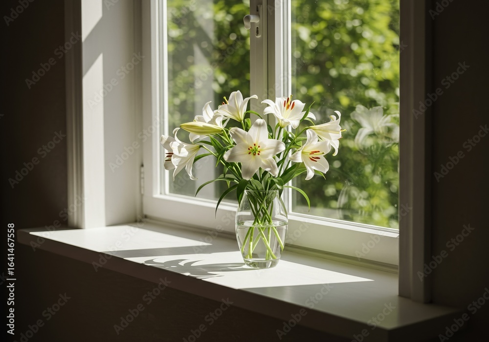 Window View of Lily: a serene image capturing the interplay of sunlight, the beauty of lilies, and the view outside the window. Emphasizing the simple pleasures of life, and the calmness of nature. Window View of Lily: a serene image capturing the interplay of sunlight, the beauty of lilies, and the view outside the window. Emphasizing the simple pleasures of life, and the calmness of nature.