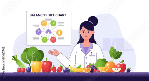 A nutritionist presenting a balanced diet chart with fresh fruits and vegetables, promoting healthy eating.