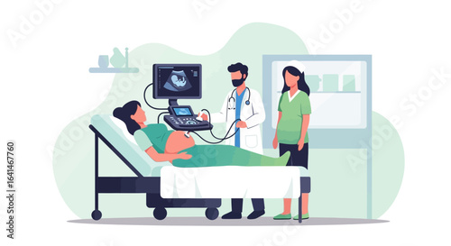 A doctor performs an ultrasound examination on a pregnant patient lying on a bed, with a nurse assisting in a modern medical clinic.
