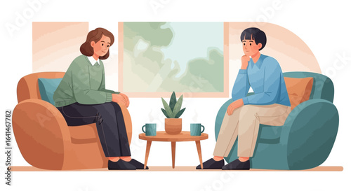 A man and woman sit in armchairs during a serious discussion, a concept for therapy, counseling, or relationship conflict