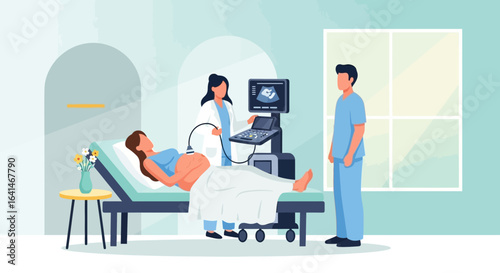 A pregnant woman is undergoing a prenatal ultrasound scan performed by a female doctor in a modern medical clinic.