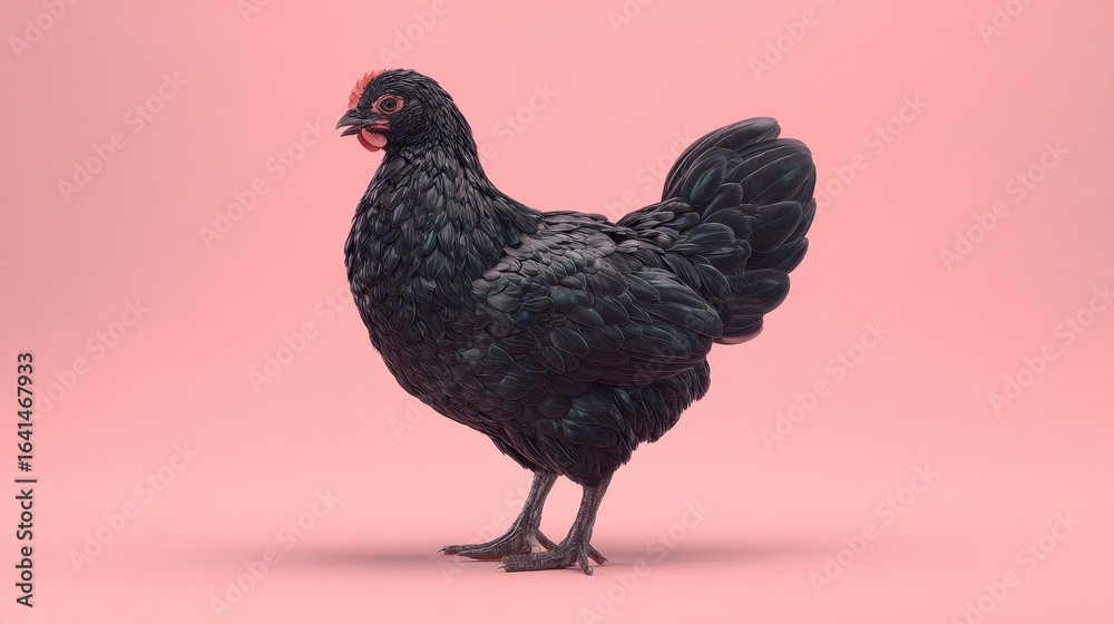 Obraz premium A glossy black chicken stands against a pink background facing left Its head is red with small details and textures visible