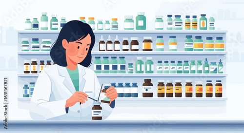 Professional female pharmacist at work in a pharmacy, carefully preparing medication against a background of shelves with drugs.