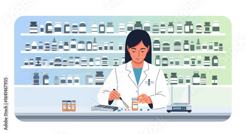 Pharmacist meticulously prepares medication in a well-stocked pharmacy.
