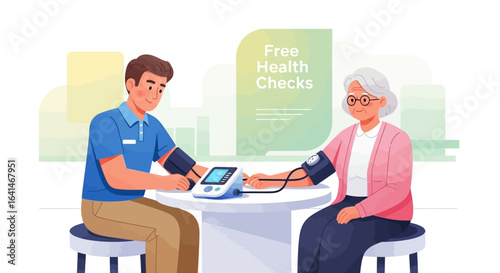 Caring medical volunteer providing a free health check and measuring blood pressure for an elderly woman.