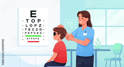 A healthcare professional conducting an eye examination on a young child, using a visual acuity chart.