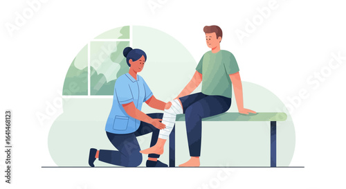 A nurse bandages a patient's injured knee in a medical clinic.