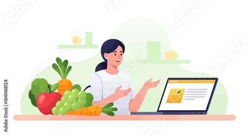 Woman presenting healthy food online, using a laptop to discuss nutritional information.