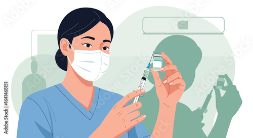 Female nurse in a face mask preparing a vaccine injection from a vial. Healthcare and immunization concept illustration.