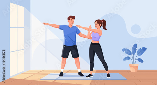 Personal trainer guiding client through stretching exercises indoors.