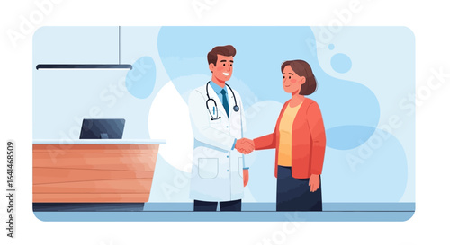 Doctor and patient shaking hands in a clinic, signifying a positive and trusting healthcare interaction.