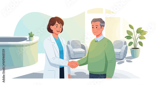 A doctor shaking hands with a patient in a bright, inviting medical office setting.