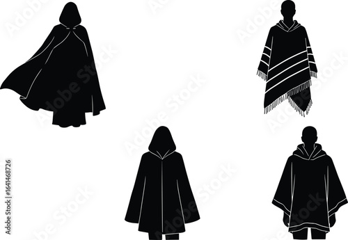 Four different poncho silhouettes, traditional cloak designs, vector illustration of people wearing ponchos, folk clothing, fashion garment outline, cultural dress, isolated black figures